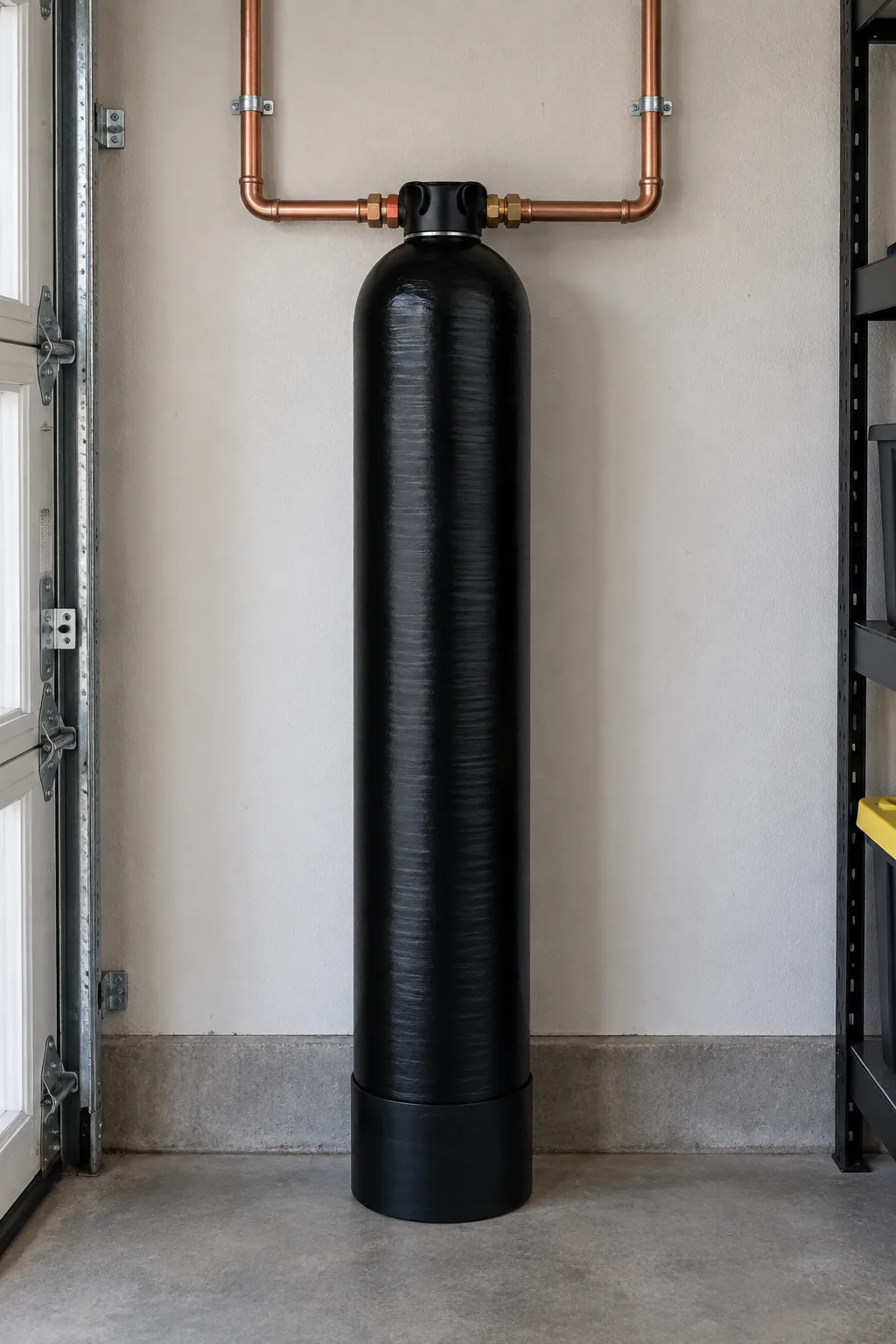 Upright salt-free whole-home conditioner installed in a garage