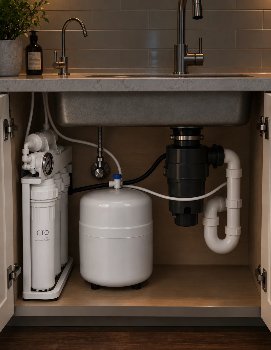 Upright under-sink reverse osmosis system with storage tank