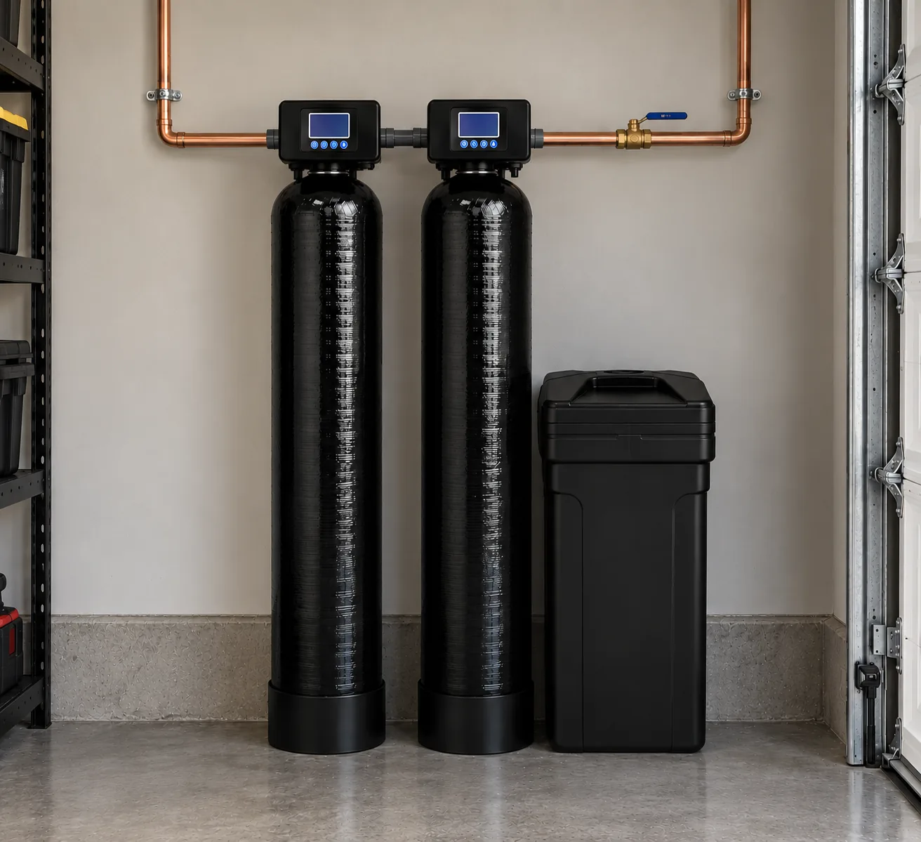 Upright dual-tank well water system installed in a garage