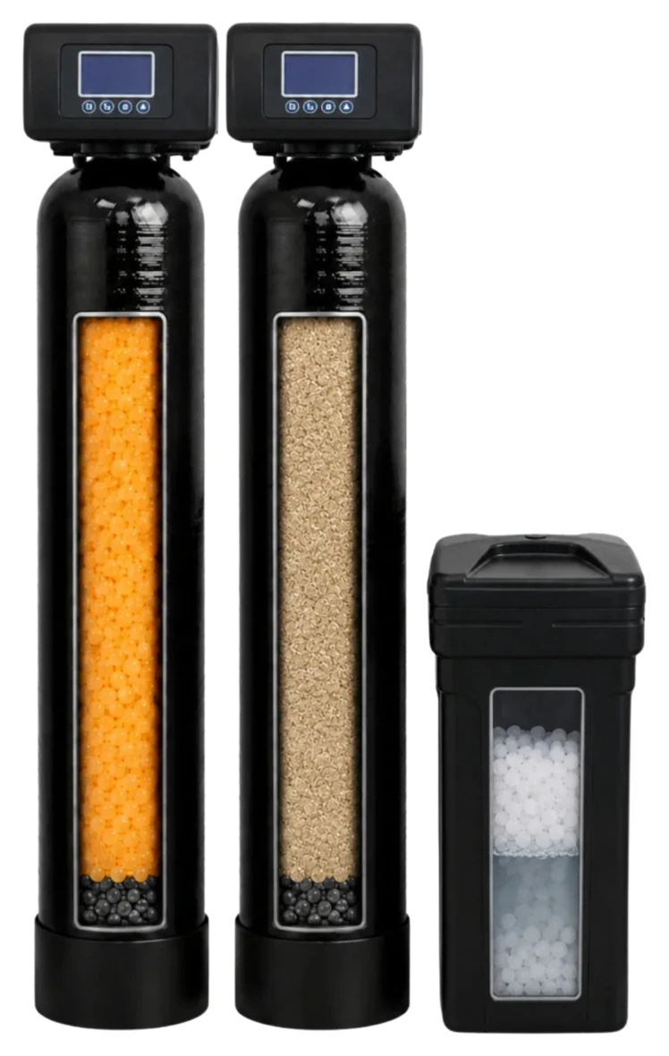 Upright dual-tank well water system with brine tank (cutaway)