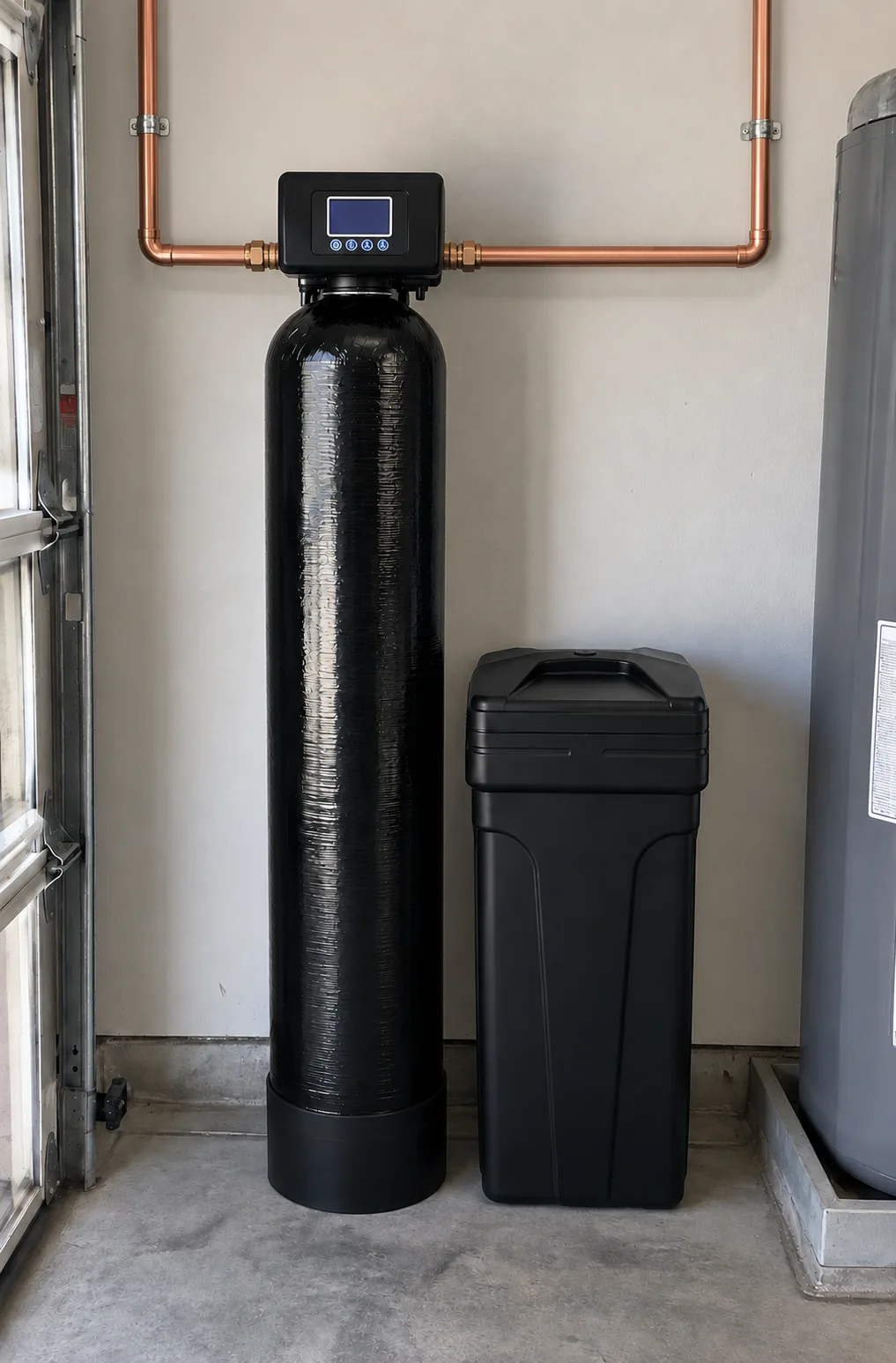 Upright whole-home softener and carbon system installed in a garage