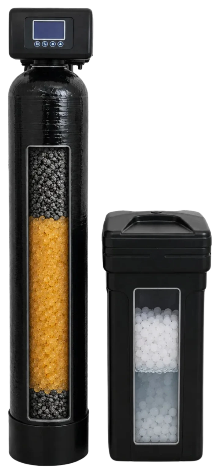 Upright Whole-Home Softener + Carbon System with brine tank (cutaway)